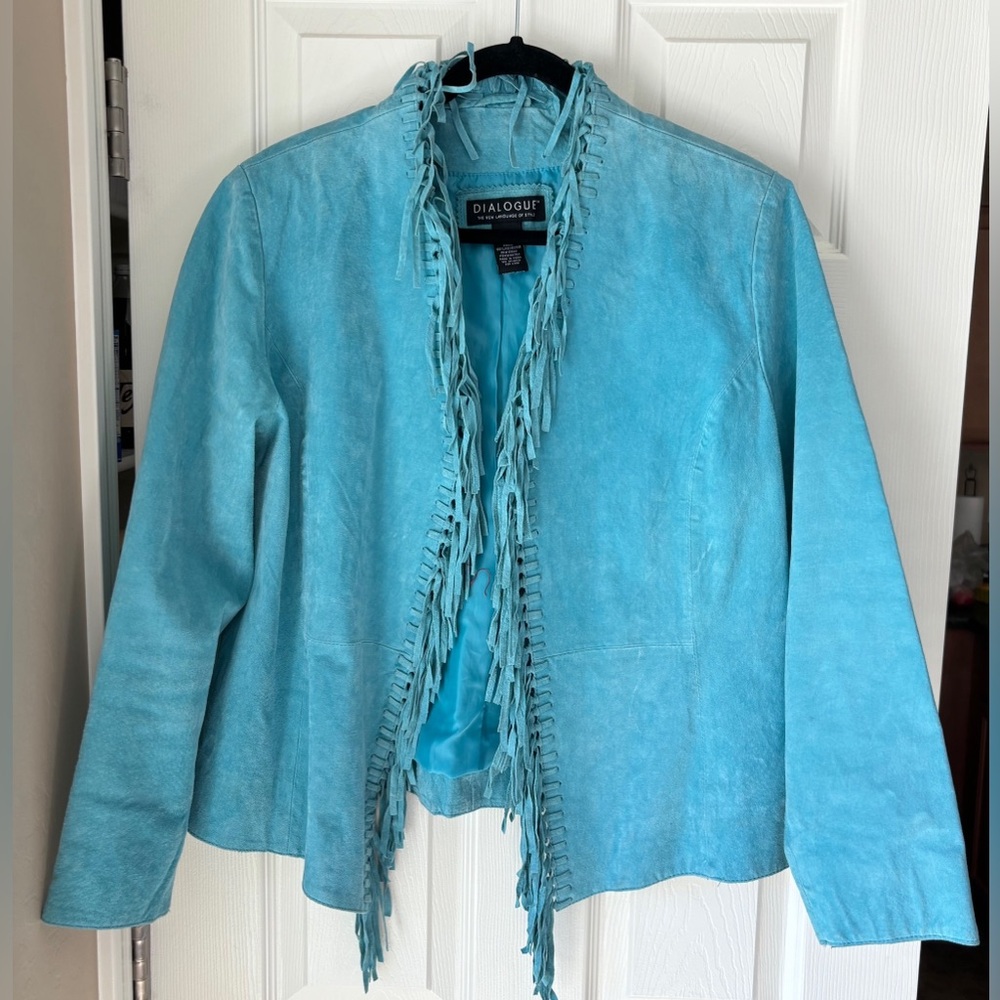 Dialogue Leather Jacket - Woman’s Turquoise, Fringed Leather Jacket. Size Large - Picture 2 of 7